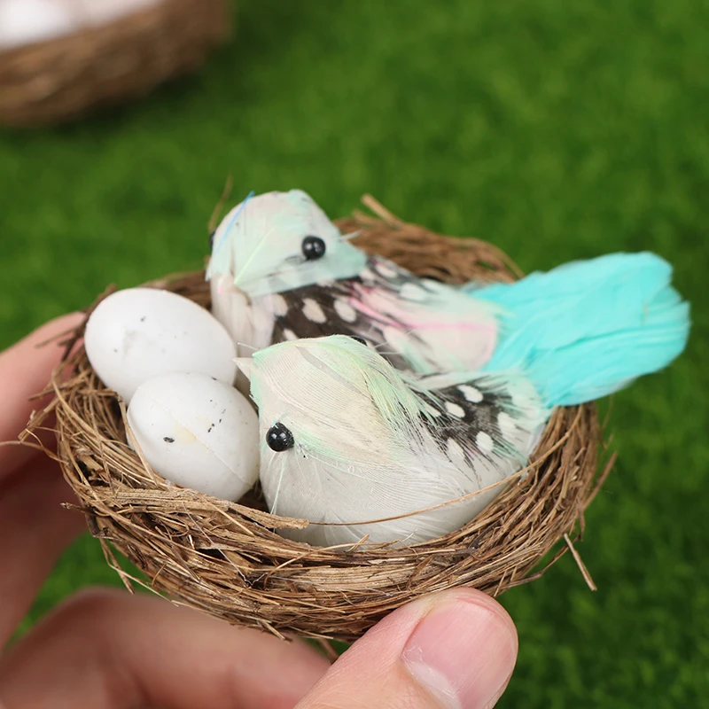 1 Set Artificial Feathered Birds Nest Egg Creative Craft Sculpture Decoration artificial feather bird decoration,resin ornament,resin ornaments,animal ornaments