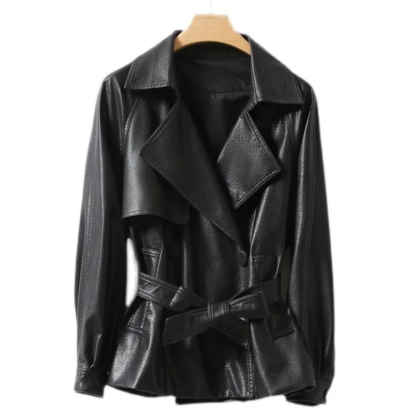 

Autumn Winter Women Real Sheepskin Leather Jackets Coats With Belt
