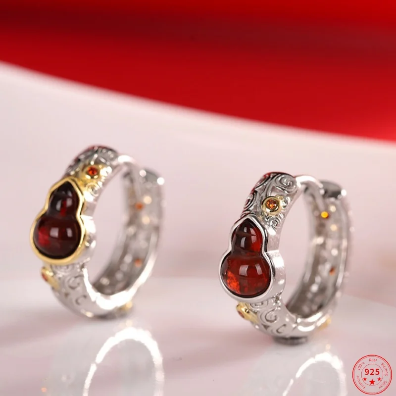 

S925 Sterling Silver Earrings for Women New Fashion Ancient Pattern Inlaid Crimson Amber Gourd Ear-clips Jewelry Free Shipping