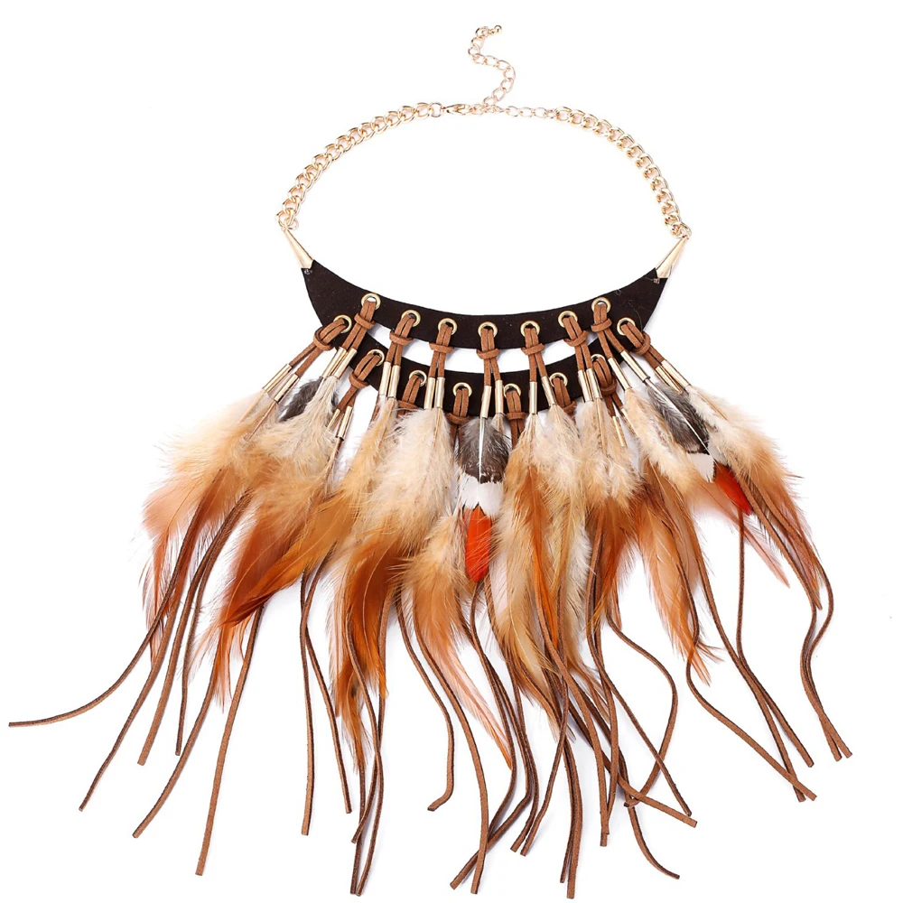 Long Brown Feather Leather Tassel Bib Necklace for Women Vintage Bohemian Indian Ethnic Tribal Feather Choker Statement Jewelry