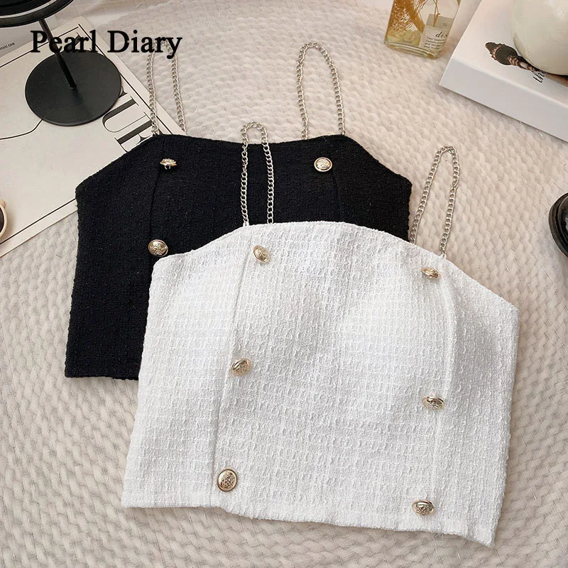 

Pearl Diary Women Chic Camisole Fashion Knitted Crop Top Spaghetti Strap All-Match Vest Basic Buttons Cami Black Sleeveless Tank