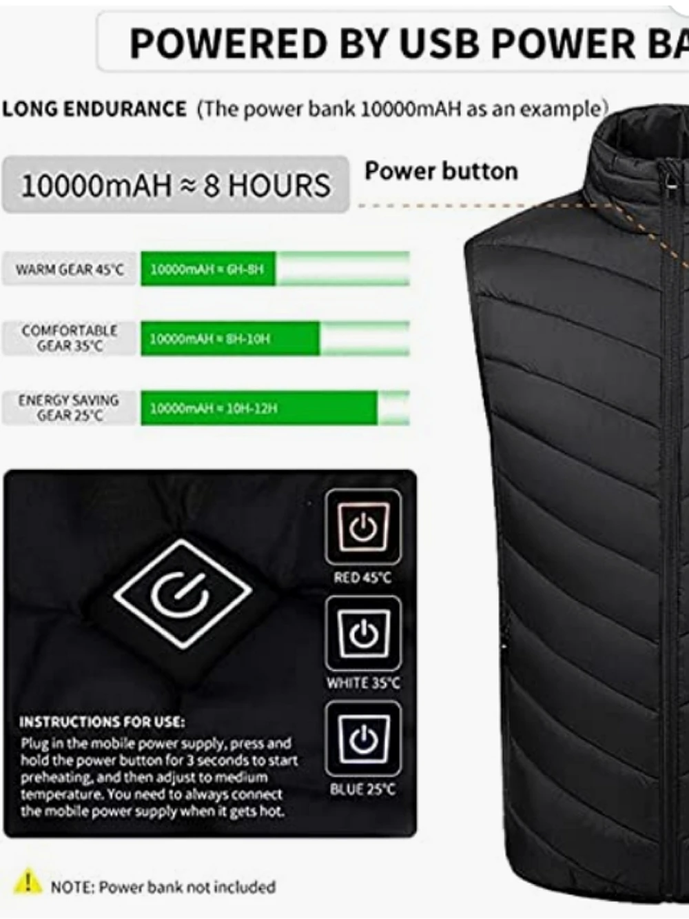 Men Winter Jacket Heated Vest USB Electric Heated Vest Heated Jacket Winter Vest for Outdoor Motorcycle Camping Fishing Skiing