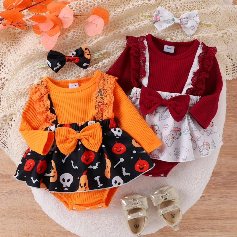 

0-12 Months Baby Girls Romper Dress Halloween/Xmas Clothes Long Sleeve Pumpkin Santa Claus Print Rompers with Bow Headband