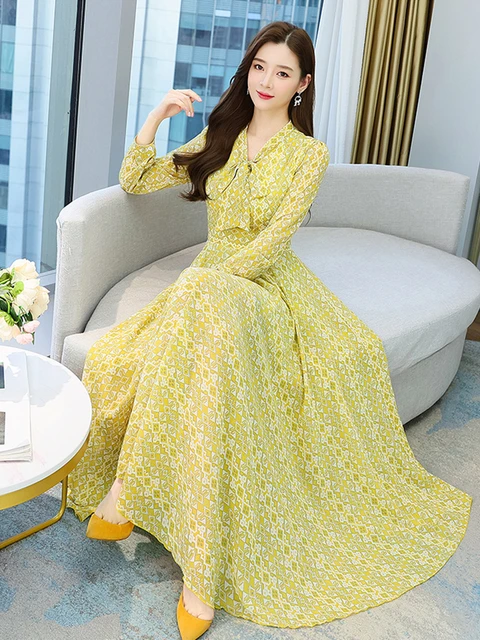 Elegant Vintage Dresses Classy Outfits Women 2023 Fashion Spring Autumn  Long Sleeve Satin Yellow Dress Chic Maxi Dress - AliExpress