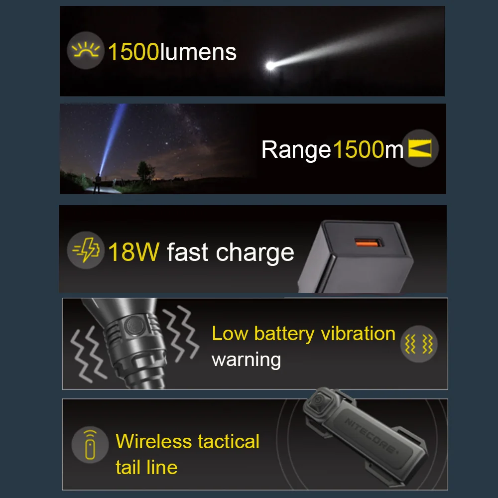 NITECORE MH40S LED Flashlight By 2 21700 Battery 1500Lumens Wireless Direct Charge Torch Outdoor Camping Tactical