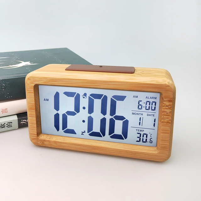 Massivholz quadratische Uhr Büro Desktop Wecker mit im Dunkeln leuchten,  Anzeige Temperatur Datum, Wabi-Sabi-Stil Home Deco - AliExpress