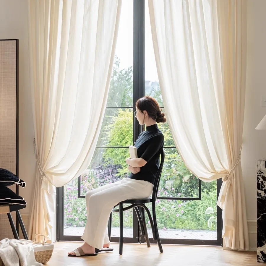 1PC Cream Mirror Transparent But Not Transparent Heat-insulating 2025 New Window Screens Curtains French Style Sun Protection 5