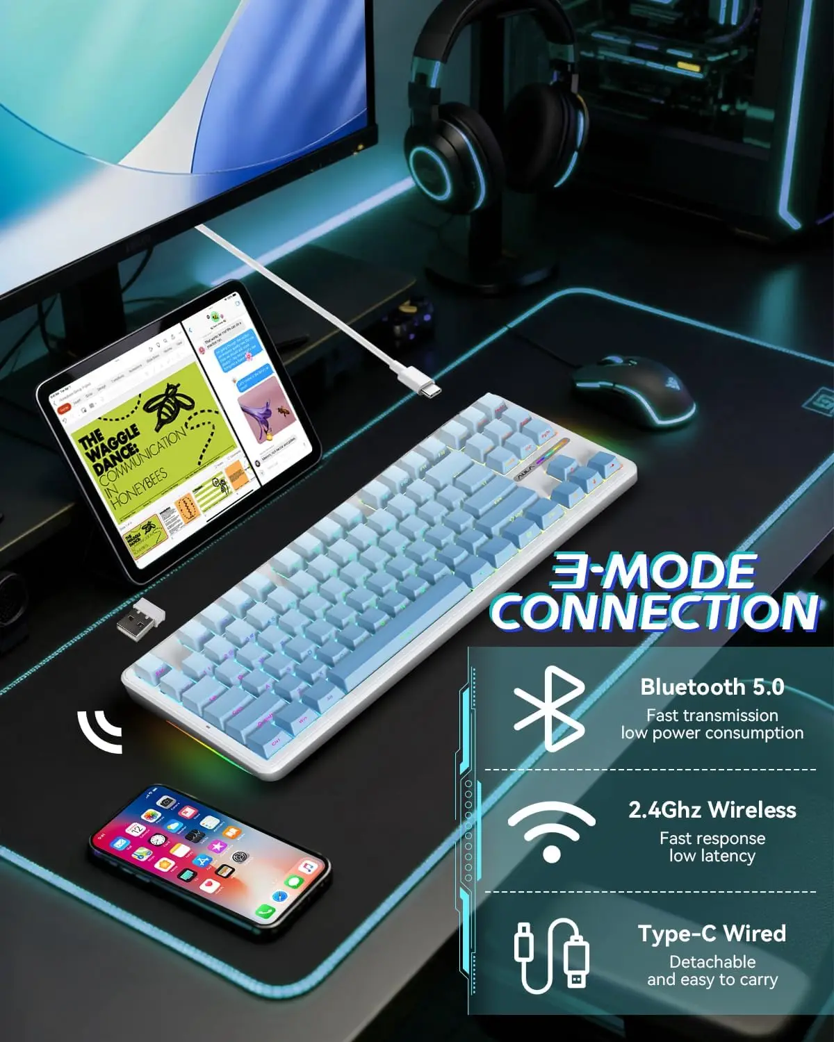 AULA F87 Pro 무선 기계식 키보드 75% TKL 가스켓 마운트 핫스왑 가능 커스텀 게이밍 키보드 (8000mAh 트리플 모드 PBT RGB)
