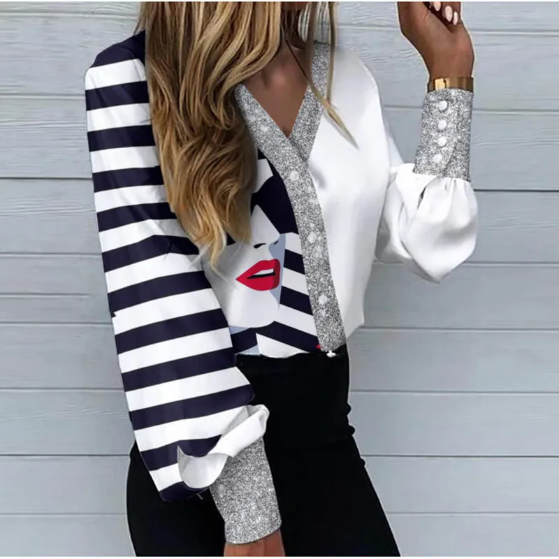 

Retro Turn Down Collar Patchwork Shirt Women Elegant Pattern Print Office Blosue Shirts Spring Fall Fashion Long Sleeve Blusas
