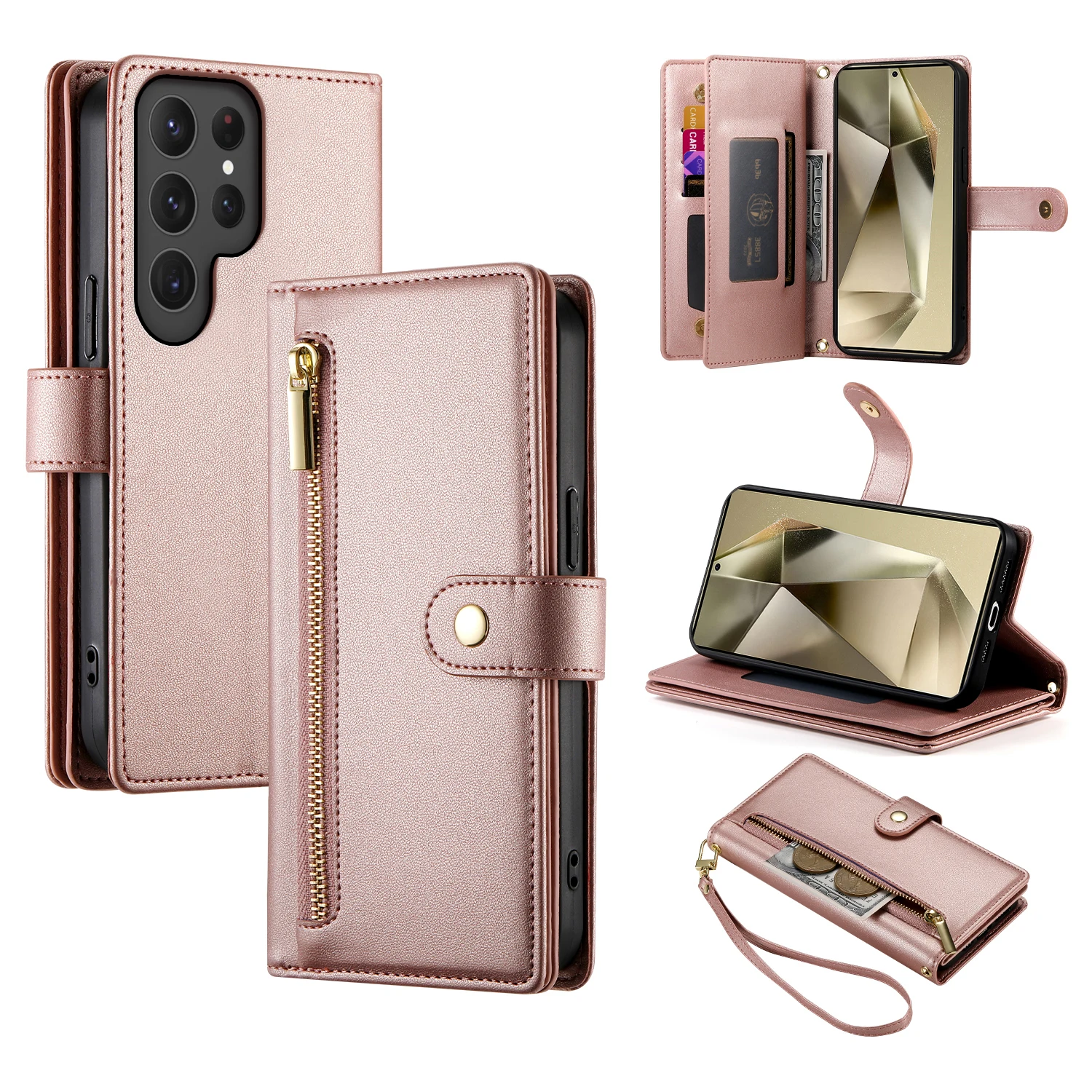 Crossbody Wrist Strap Phone Case with Zipper Wallet and Card Holder Cover