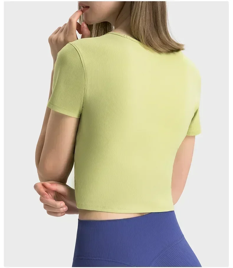 Lemon Women Yoga Gym Shirts Outdoor Jogging Fitness Sport Crop Top Womens Clothing Ribbed T-Shirts Folded Waist Sportswear
