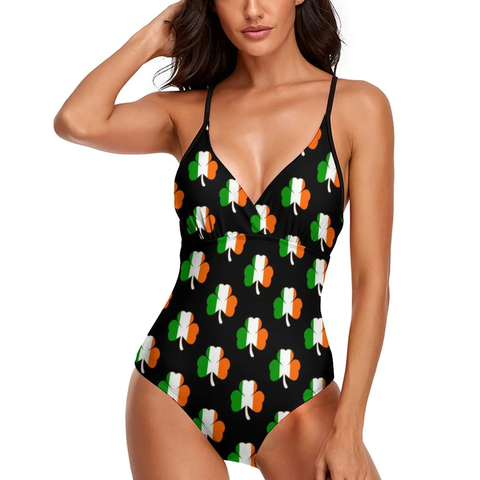 

Happy St Patricks Day Swimsuit Funny Shamrock One Piece Swimwear Women Push Up Swimsuits Stylish Monokini Deep V Beach Outfits