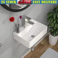 Rectangle Vessel Sink Wall Mounted White Porcelain Ceramic 14" x 10" Modern Bathroom Hung Easy Clean Sturdy Durable Fast Install 1