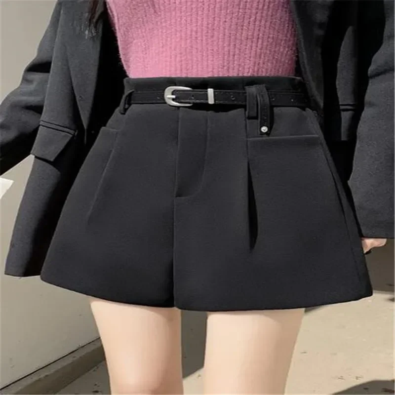 Fall Winter Women Boot Shorts with Belt Elegant Office Ladies Shorts Wide Leg A-Line Black Coffee 2024 Korean Fashion