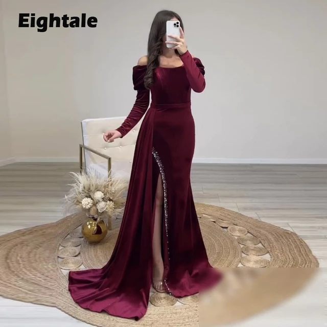 A Line Off Shoulder Half Sleeves Lace Maroon Prom Dresses with Slit, O –  Shiny Party