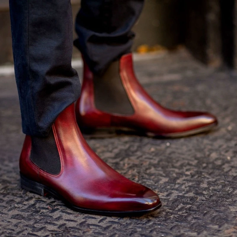 RED ヴァレンティノ 異素材切り替えブーツ ブラック/レッド 38/24cm Red Bottom Chelsea Boots for Men Round Toe Slip-On Business