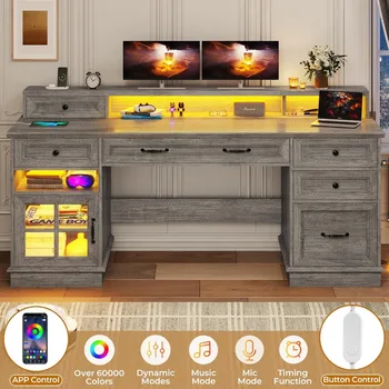 Farmhouse Executive Desk with File Drawer, Computer Desk with Charging Station & LED Lights, Home Office Desk with Drawers & Sto 5