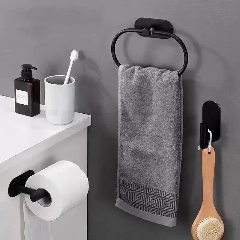 Stainless Steel No Drilling Self-Adhesive Towel Bar Paper Holder Robe Hook Towel Rack Black Silver Gold Bathroom Hardware Set