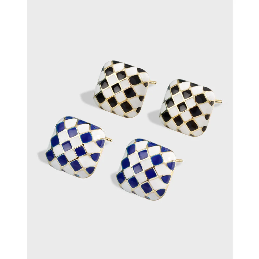 

S925 Sterling Silver Korean Chessboard Checker Earstuds Women's Simple and Cold Style Daily Commuting Earrings
