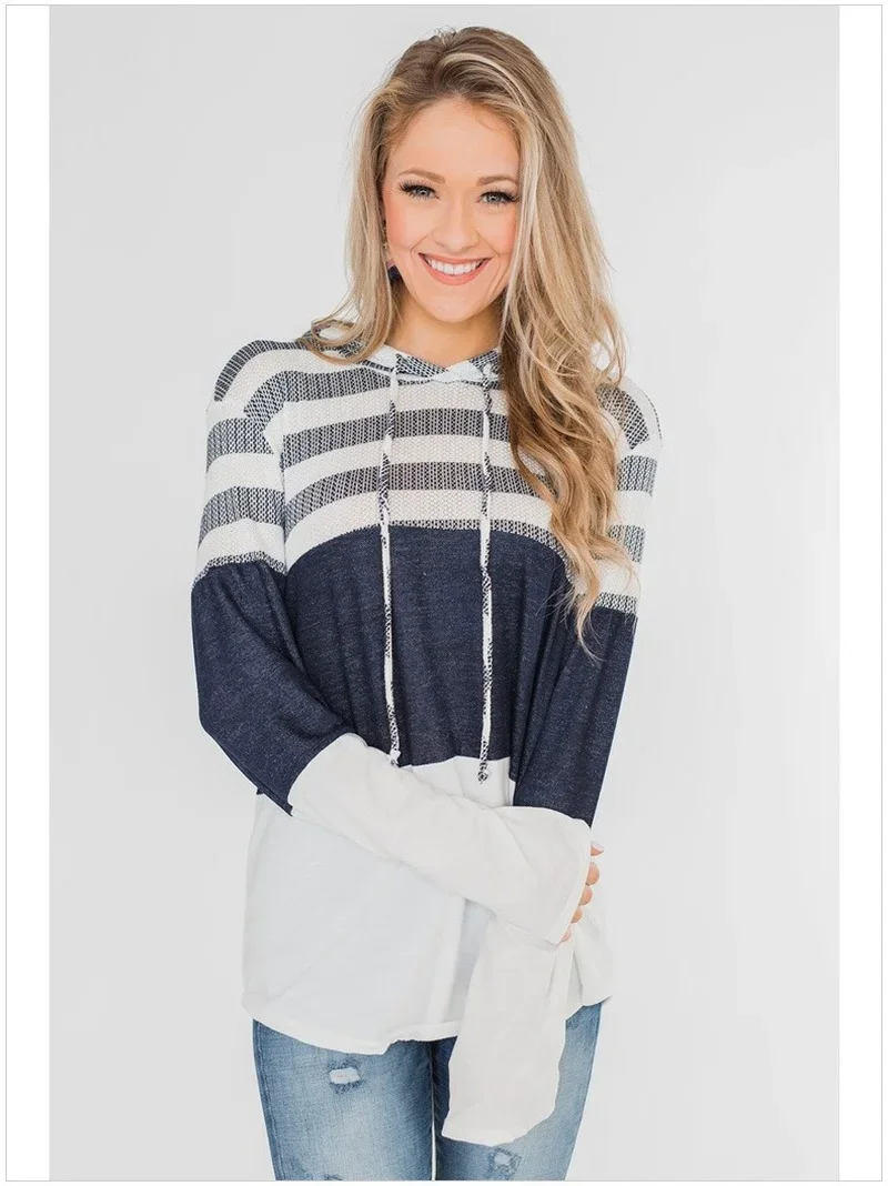 Women Contrast Colors Drawstring Loose Casual Sweatshirts Multicolors Long Sleeve Pullovers Patchwork Striped Hooded Pullovers