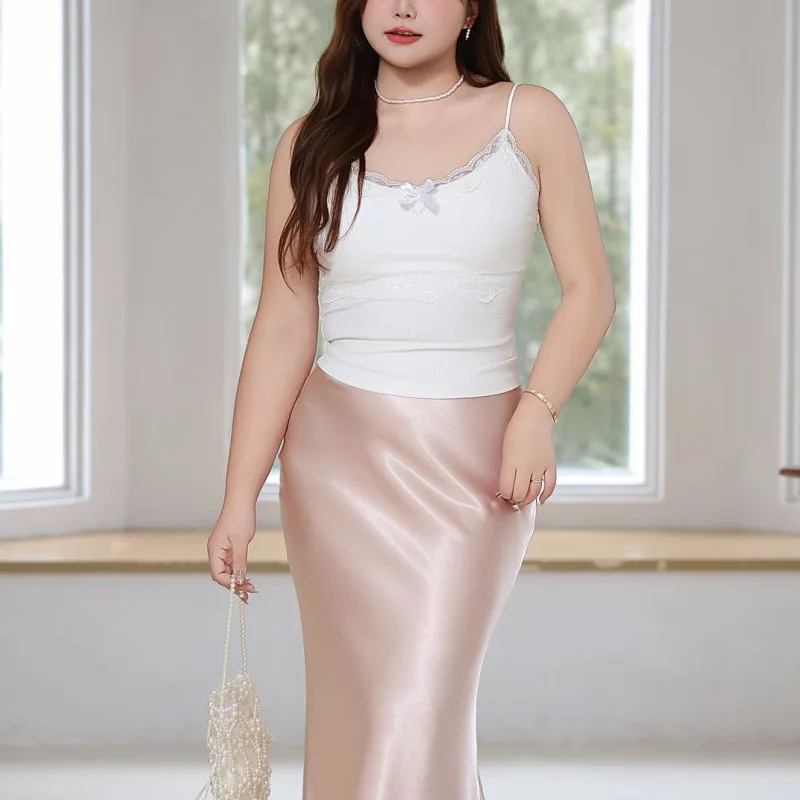 Bow Lace Splice Spaghetti Strap Camis Summer Plus Size Women Premium Sexy Slim Sleeveless Top 9215