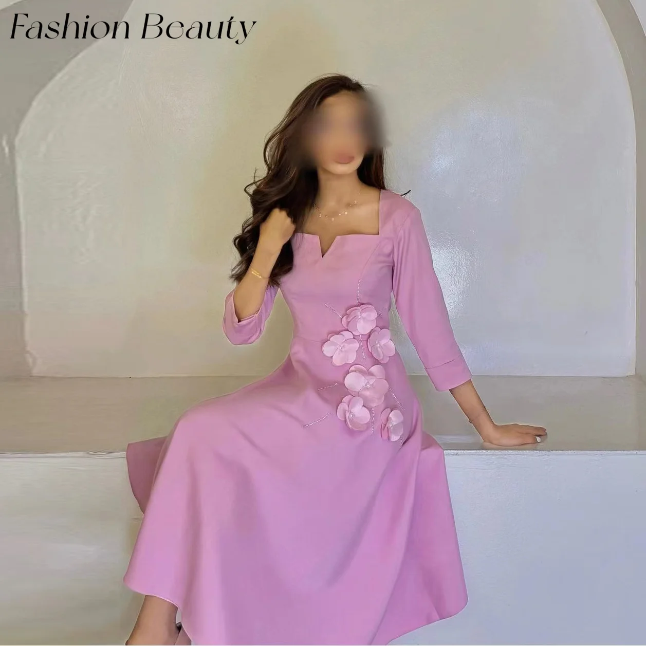 

Fashion Beauty Pink Elegant Evening Dresses Sqaure Neck Three-quarter Sleeve 3D-Flower Beads Party Dress For Women 2024