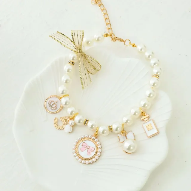 Pet Bow Pearl Collar Cat Jewelry Pendant Princess Necklace Dog Sweet Decorations Puppy Rhinestone Collar Chihuahua Accesorios 3
