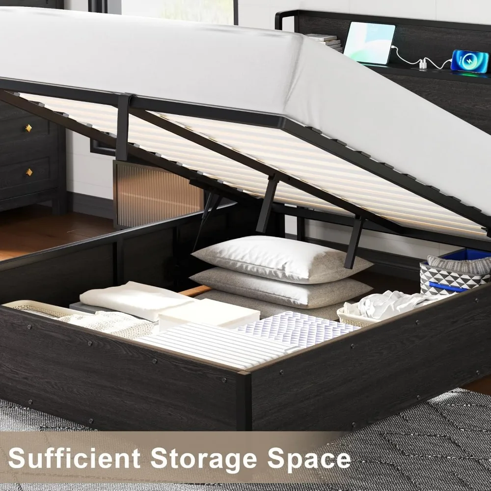 Lift Up Storage Bed Frame, Wooden Platform Bed Frame with Lifting Storage & Charging Station, No Spring Box Needed/Noise Free 3
