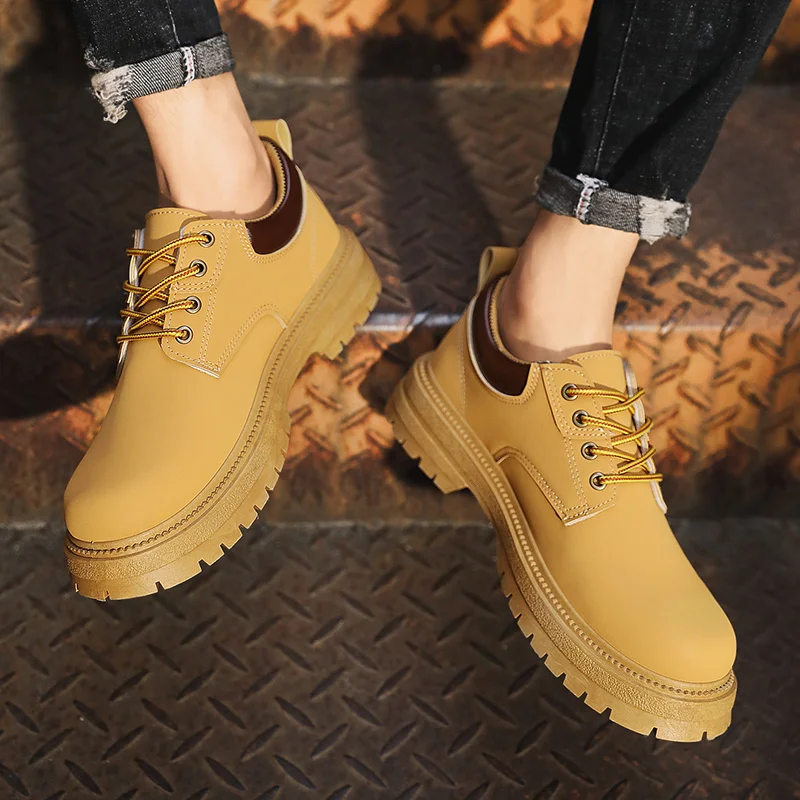 

2023Mens Shoes Yellow Rubber Sole Slip Resistant Outdoor Shoes For Man Microfiber Lace Up Mens Work Shoes Soft Collar Foam