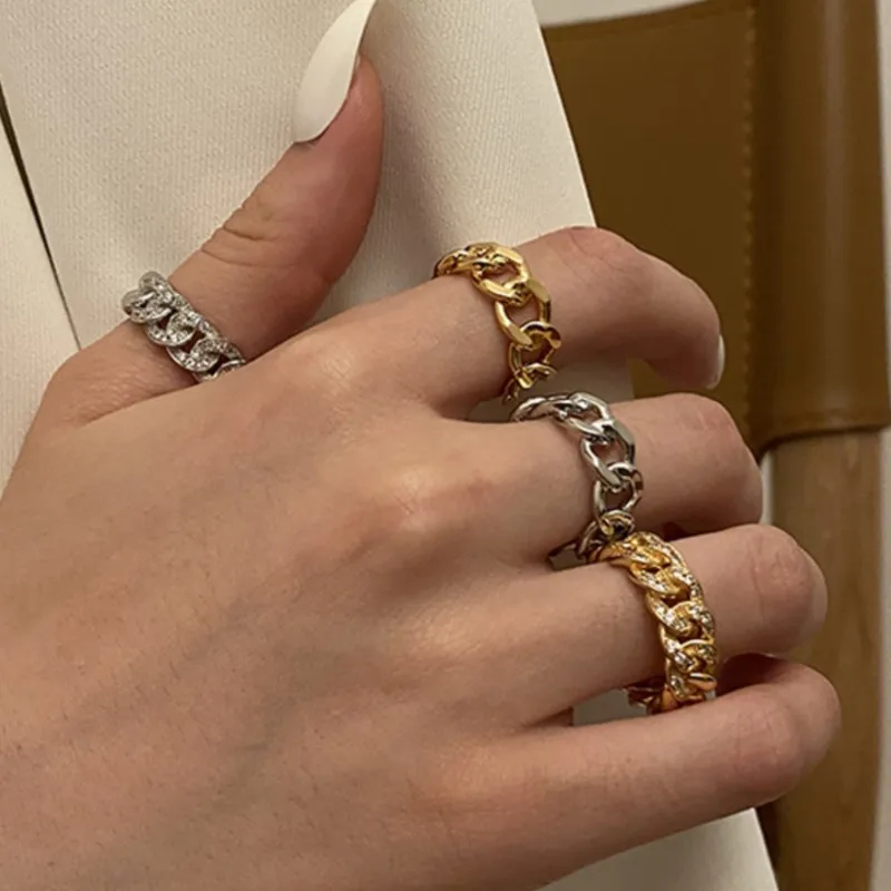 Gold Color Chunky Curb Chain Ring for Women Men Minimalist Charm Thick Gourmet Ring Couple Wedding Rings Jewelry Anillo