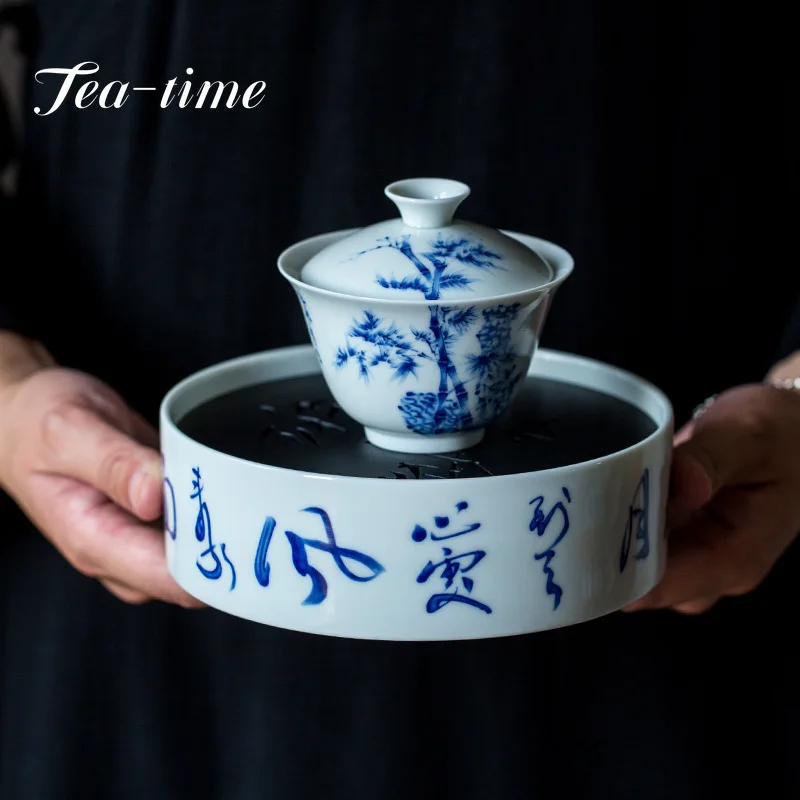 

Chinese Retro Blue and White Poems Pot Bearing Holder Household Tea Cup Pot Holder Dry Brewing Plate Kung Fu Tea Set Accessories