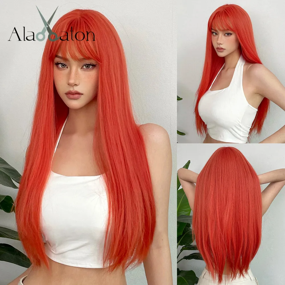 ALAN EATON Long Orange Synthetic Wigs with Bangs Straight Colorful Wigs for Women Natural Looking for Party Heat Resistant Wig