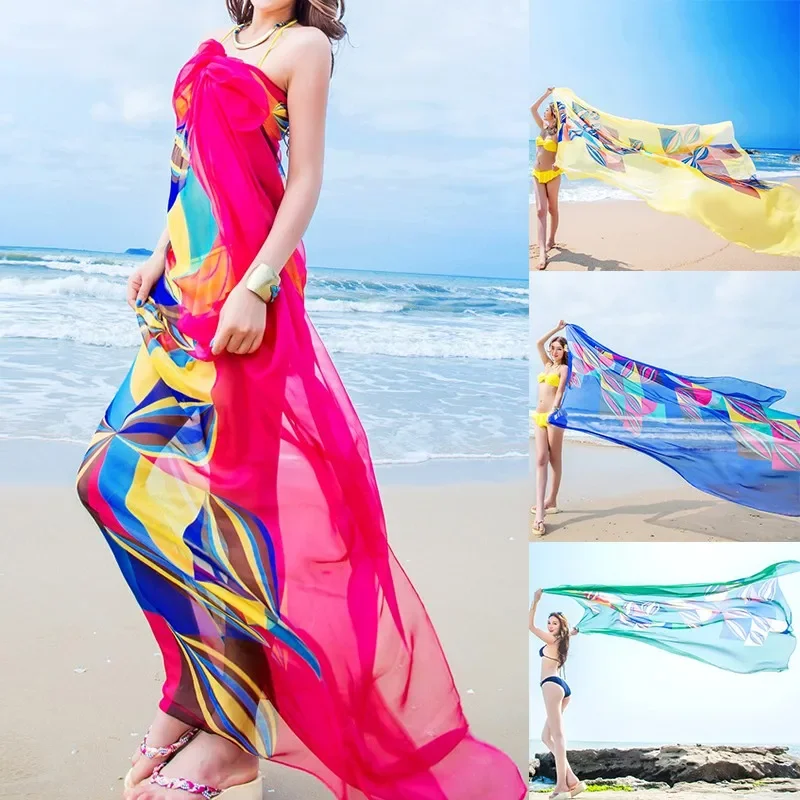 Women's plus Size Pareo Scarf Beach Sarongs Summer Chiffon Geometrical Design Cover up Towel Ladies Summer Beachwear