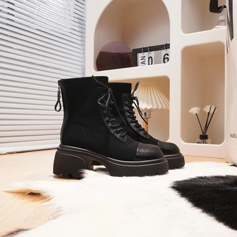 2023 Fashion Shoes Female Ankle Women's Boots Classics Modern Boots Women Back Zip Round Toe Lace Up Fretwork Heels Shoes Women