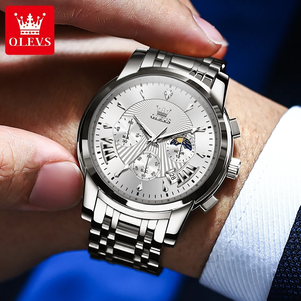 OLEVS 2892 Original Men's Watches Stainless Steel Waterproof Moon Phase Chronograph Auto Date Clock Luxury Quartz Watch for Men