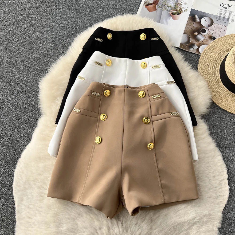 

Spring and Summer New Buckle Temperament Lean High Waist Loose Casual a Word Suit Wide Leg Shorts