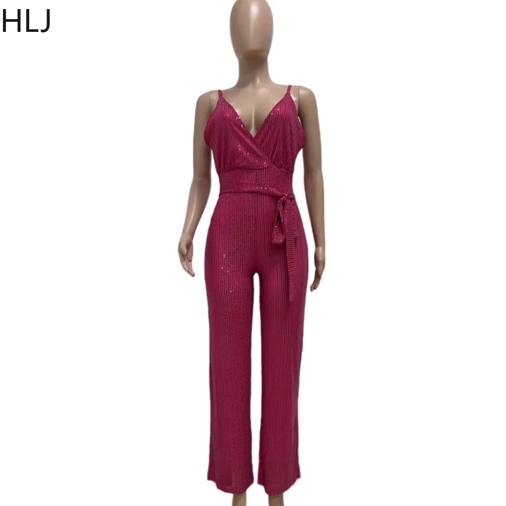 HLJ Fashion V Neck Sequin Lace Up Party Club Jumpsuits Women Sleeveless Backless Bandage Straight Pants Playsuits Spring Overall