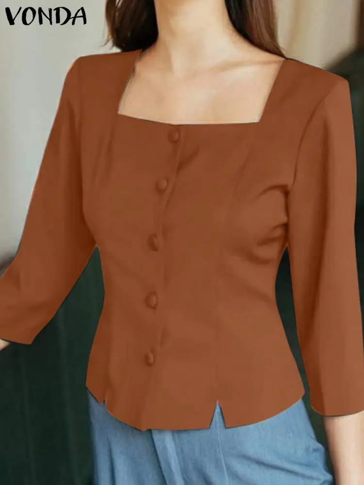 

Модная женская блузка VONDA 2024, летняя повседневная Однотонная рубашка с рукавом 3/4, элегантные топы на пуговицах, свободные блузки с квадратным воротником