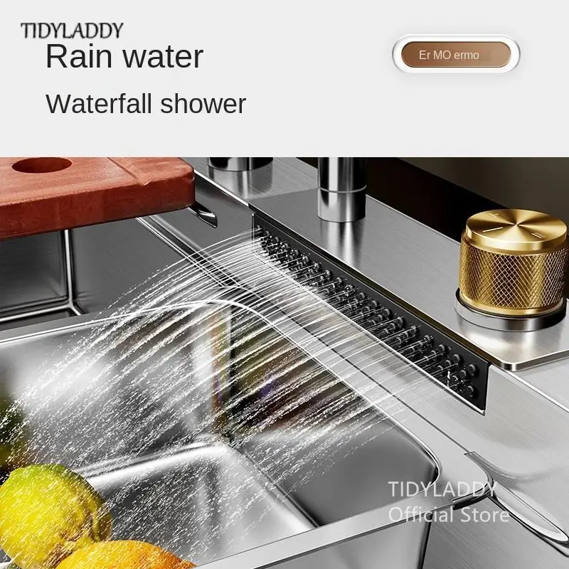 Luxury Silvery 304 Stainless Steel Waterfall Kitchen Sink High Quality Large Single Slot Multifuctional Sink Waterfall Faucet 3