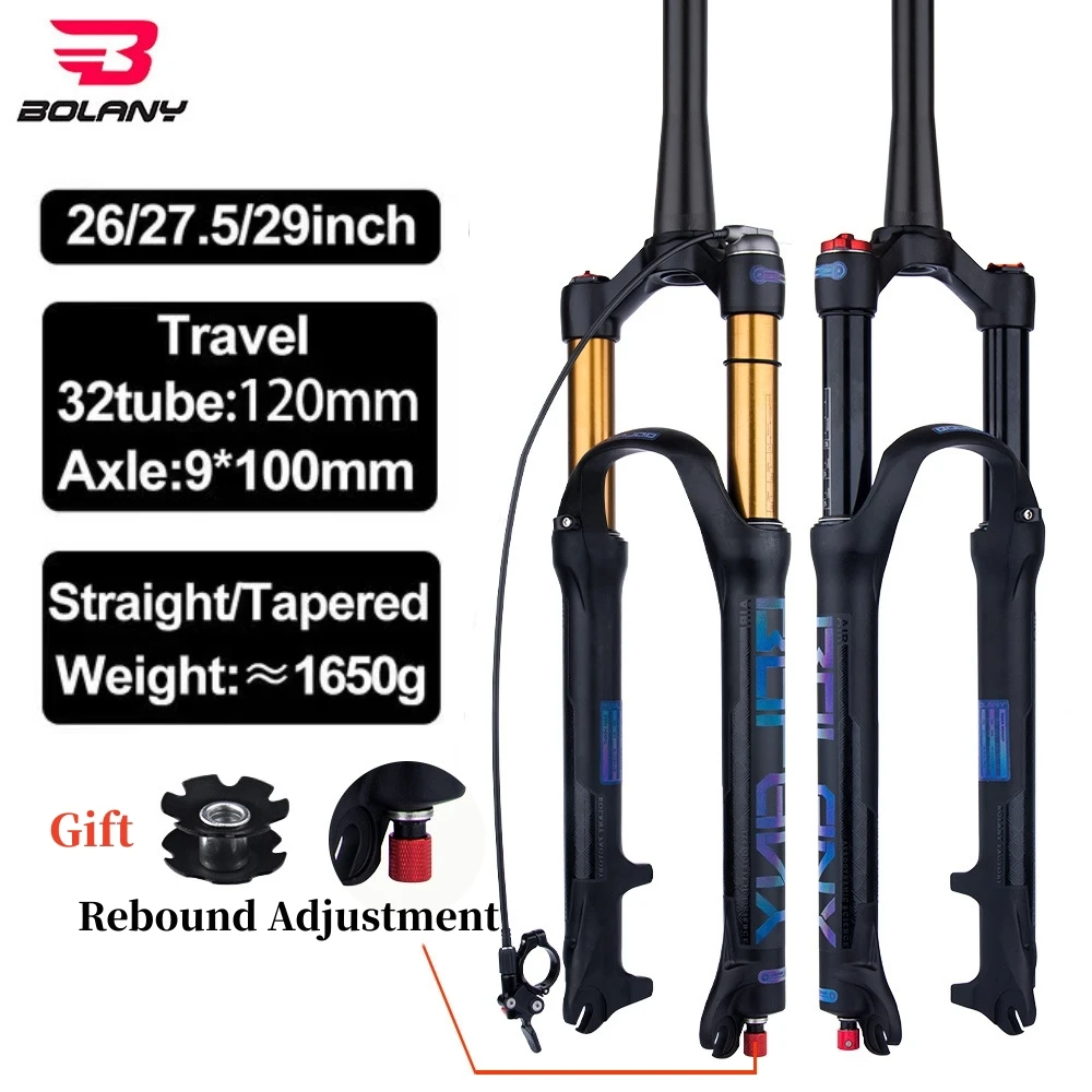 

BOLANY 26/27.5/29 Inch Mountain Bike Air Fork Damping Rebound Adjustment MTB Suspension Fork 120mm Travel Quick Release 9*100mm