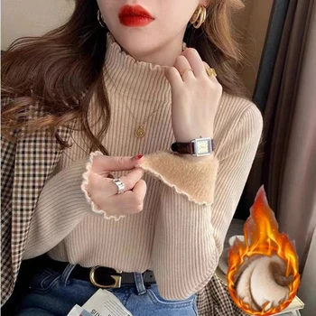 الخريف الشتاء المألوف تنوعا القمم 2025 سميكة معطف شتاء المرأة الياقة المدورة موضة الكشكشة النساء البلوفرات