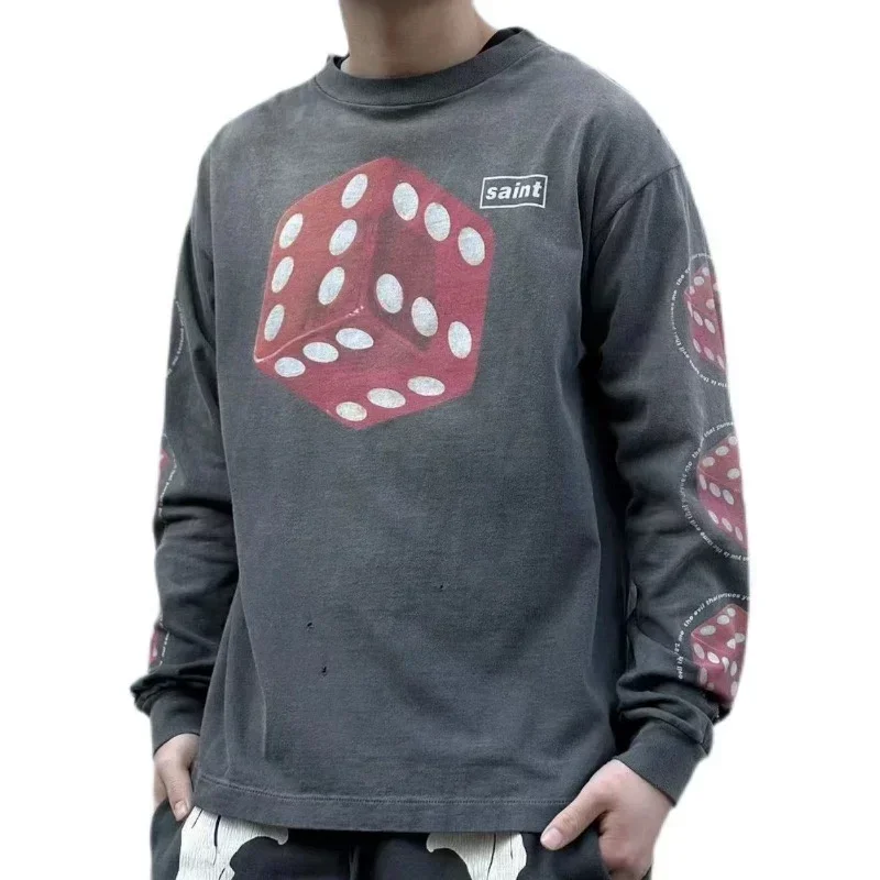 

2024 New High Quality Loose Fashion T-shirt SAINT MICHAEL Retro Street Wash Print Dice VTG Long Sleeve