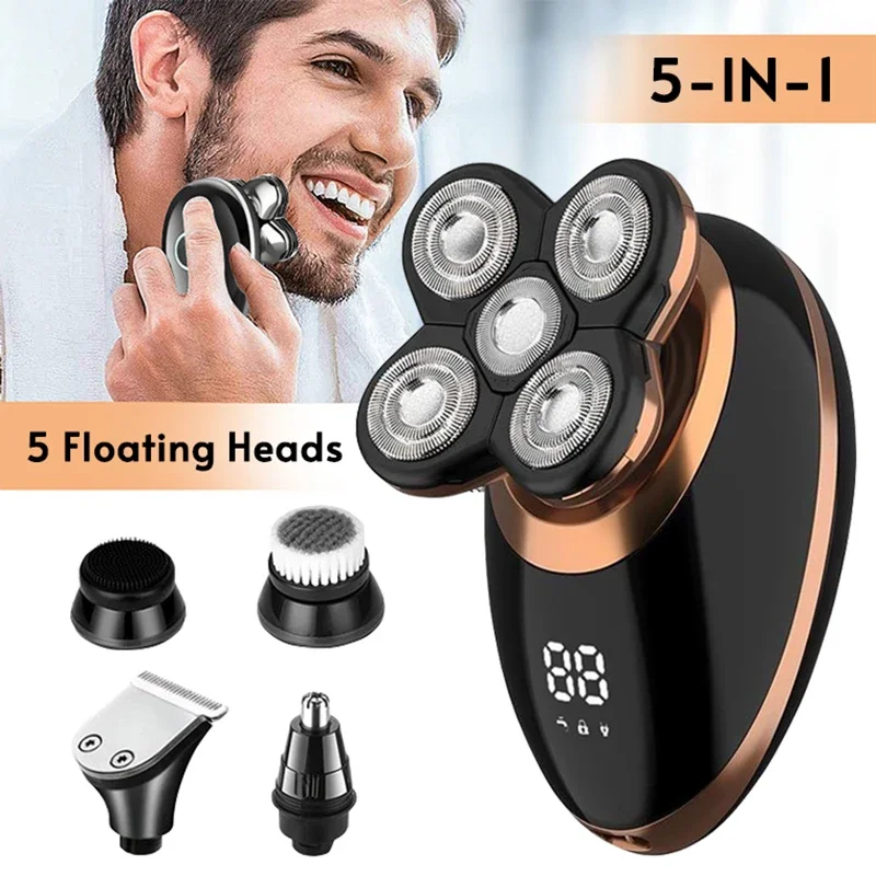 Electric Shaver 5 In 1 For Men Bald Head Hair Clipper Nose Trimmer Floating 5 Blade Heads Shaving Beard Knife Rechargeable Razor