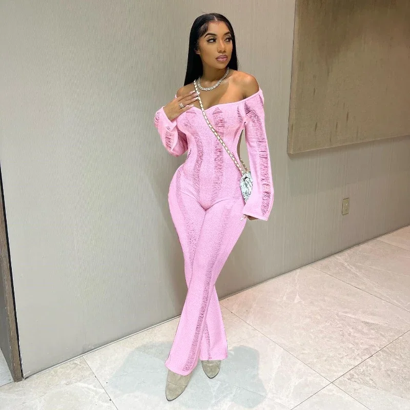 2024 Autumn Women Solid Knitted Jumpsuits Sexy Backless Hollow Off
