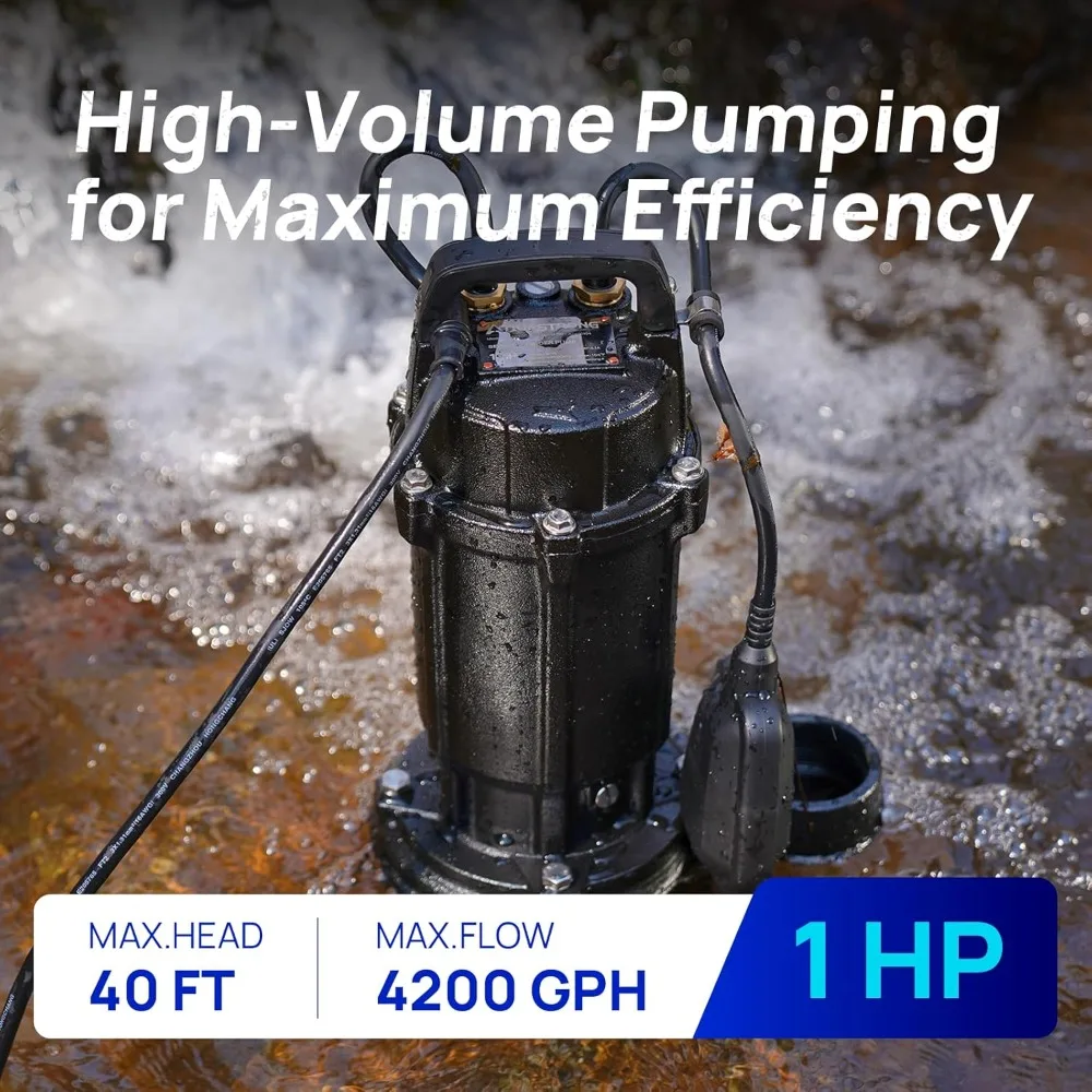 1 HP Sewage Grinder Pump 4200 GPH Submersible with Auto Float Switch, 2 Inch Discharge for Basement Sump Basin
