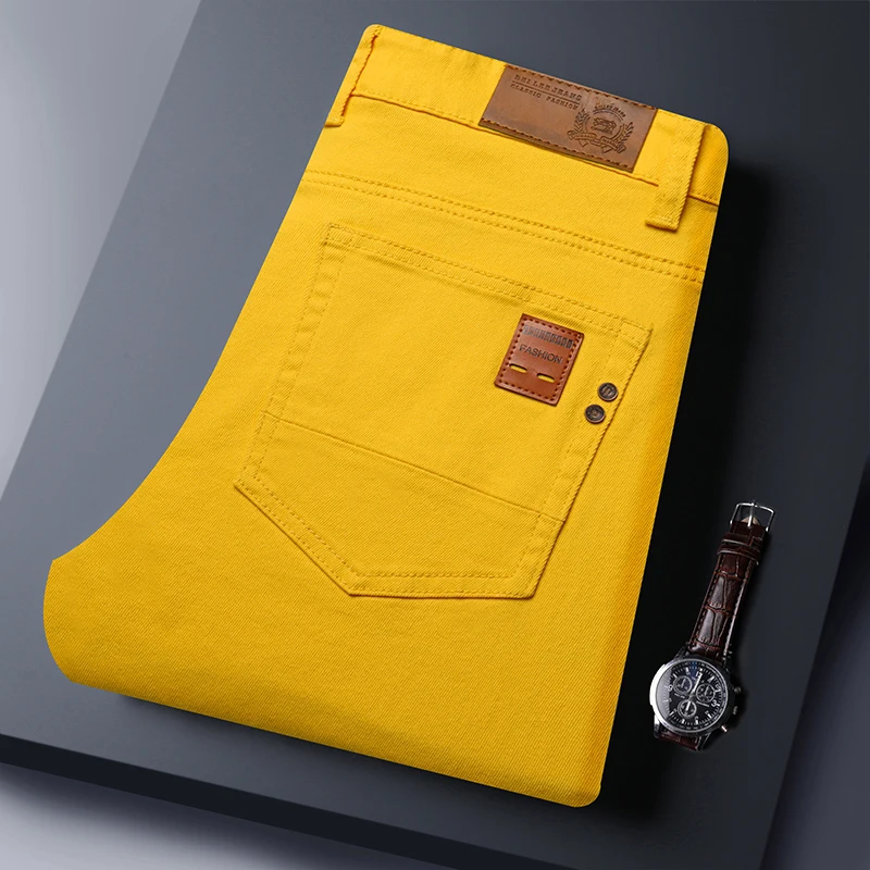 2025 Autumn Men's Elastic Colorful Jeans Breathable Casual Straight Fitted Solid Color Denim Pants Korean Fashion Trousers 2