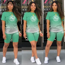 

FAGADOER New 2022 Gradient Two Piece Sets Women PINK Letter Print Tshirt And Shorts Female Summer Fashion 2pcs Outfit Streetwear