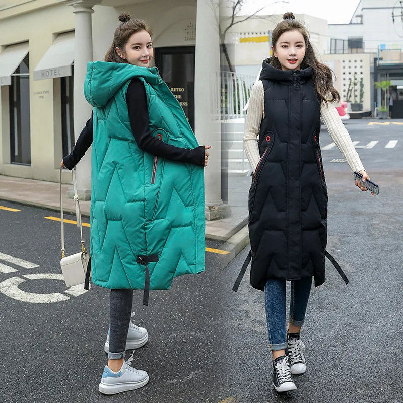 

Winter Long Vest Women's Solid Hooded Pockets Zipper Padded Ladies Casual Sleeveless Jacket Warm Quilted Vest for Female