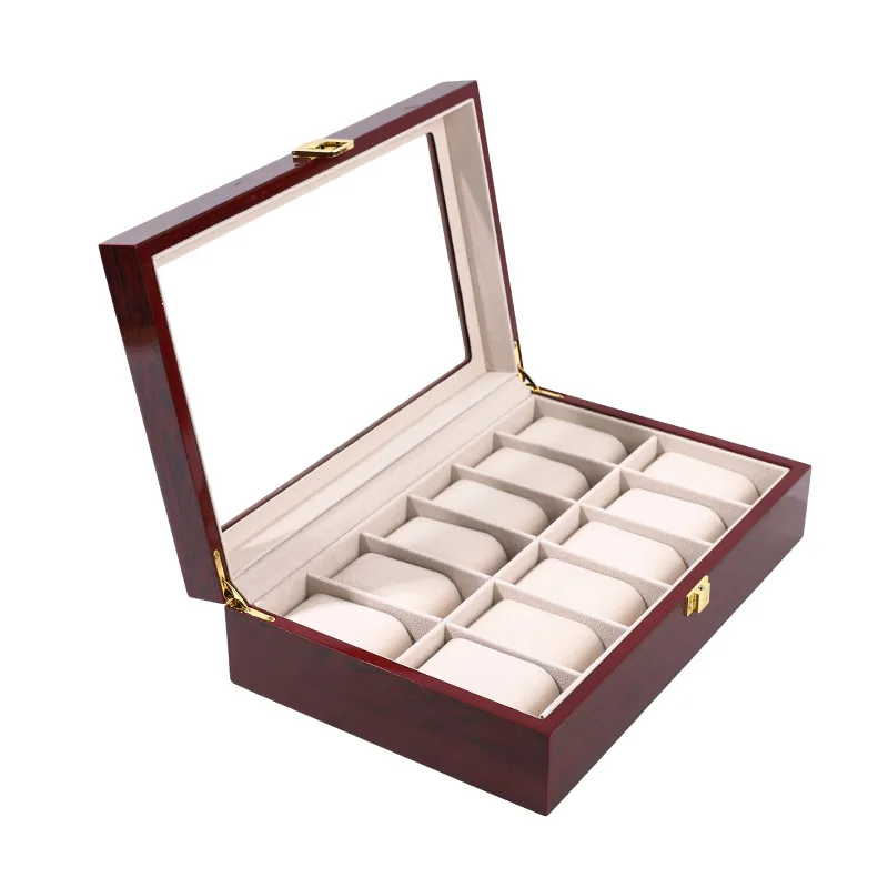 WellZone Eco-Friendly Red Wooden Watch Display Case with Multiple Compartments