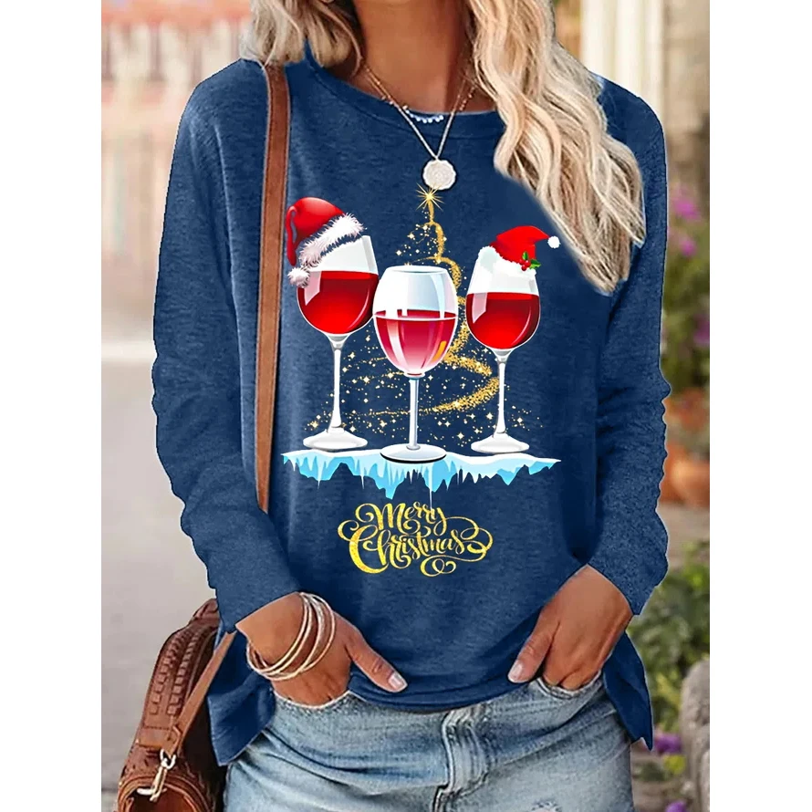 

Long Sleeve T-Shirts For Women Merry Christmas Vintage Tees 3d Deer Antler Wine Glass Print Sweetshirts Harajuku Female Clothing